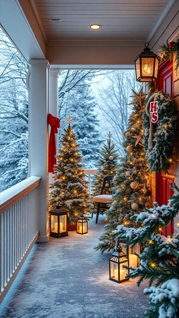 A winter porch decorated with illuminated holiday signs, featuring snow-covered trees, lanterns, and a red door.