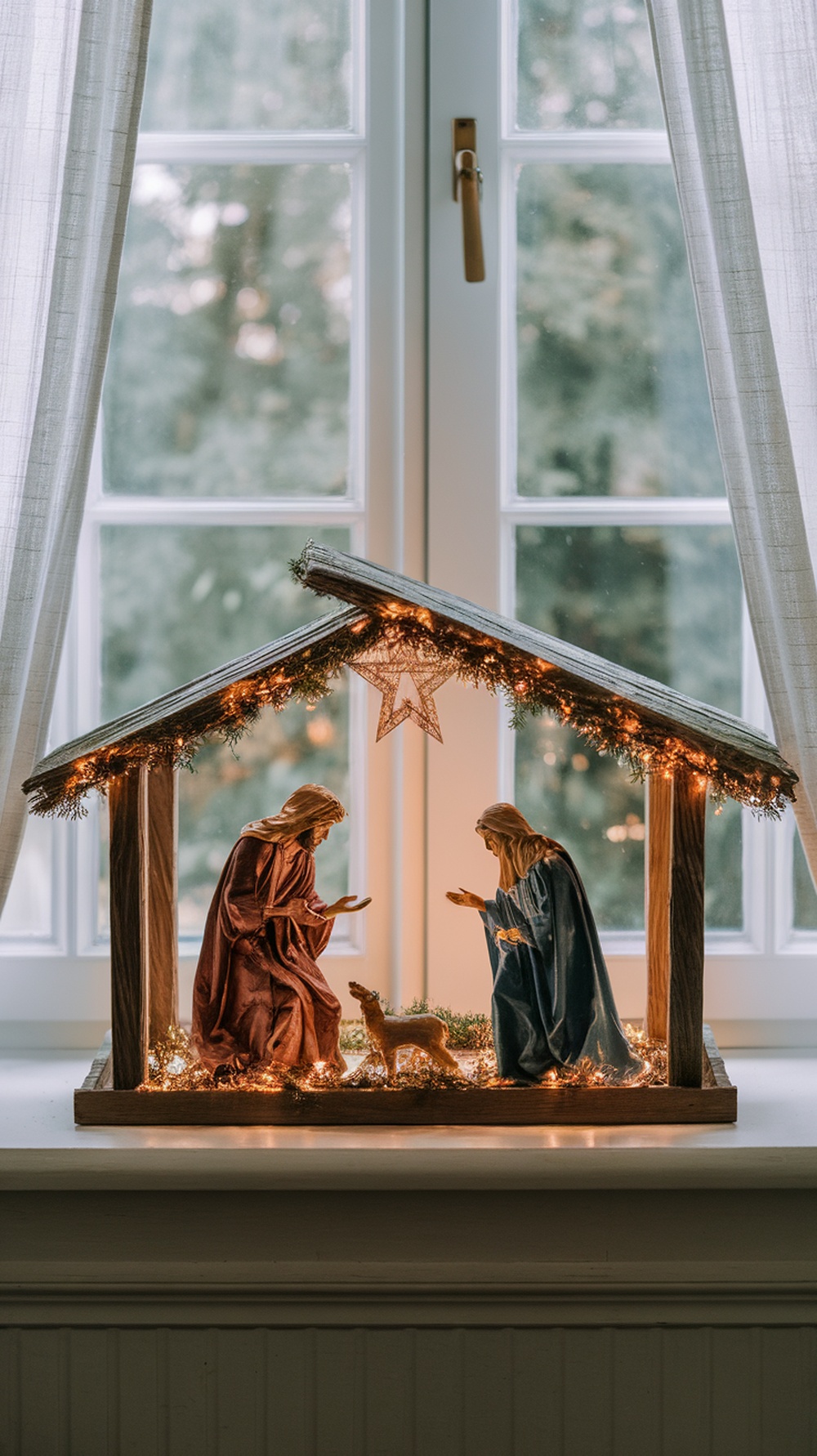 An illuminated nativity scene with figures of Mary, Joseph, and baby Jesus, set against a window with soft lighting.