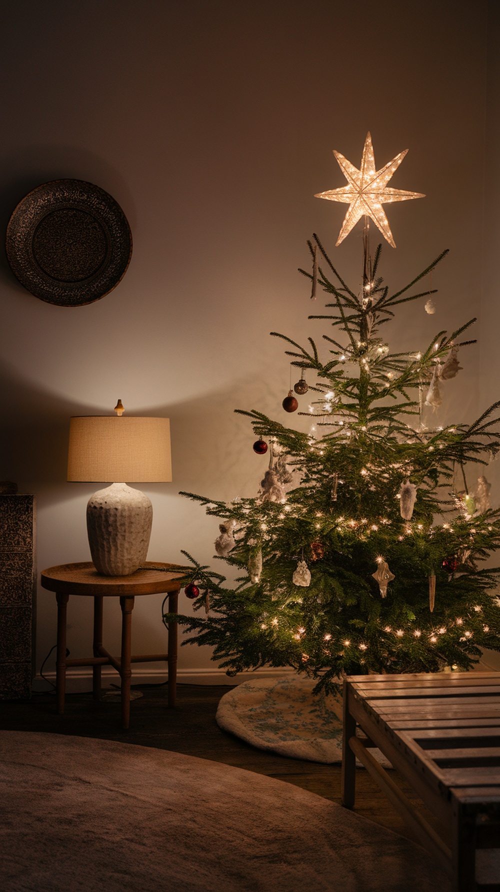 A Christmas tree with an illuminated star topper, surrounded by ornaments and soft lighting.