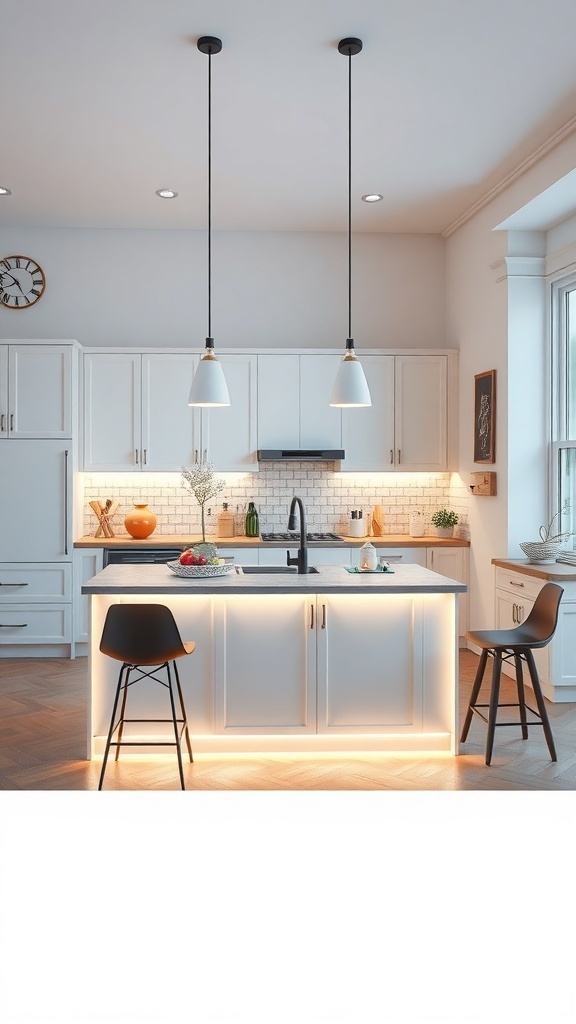 A modern kitchen with illuminated under-cabinet lighting, showcasing white cabinets and a stylish kitchen island.