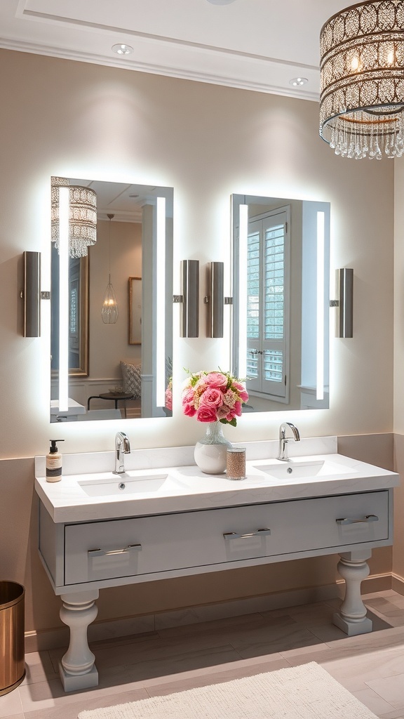 Elegant bathroom with double sink and illuminated vanity mirrors.