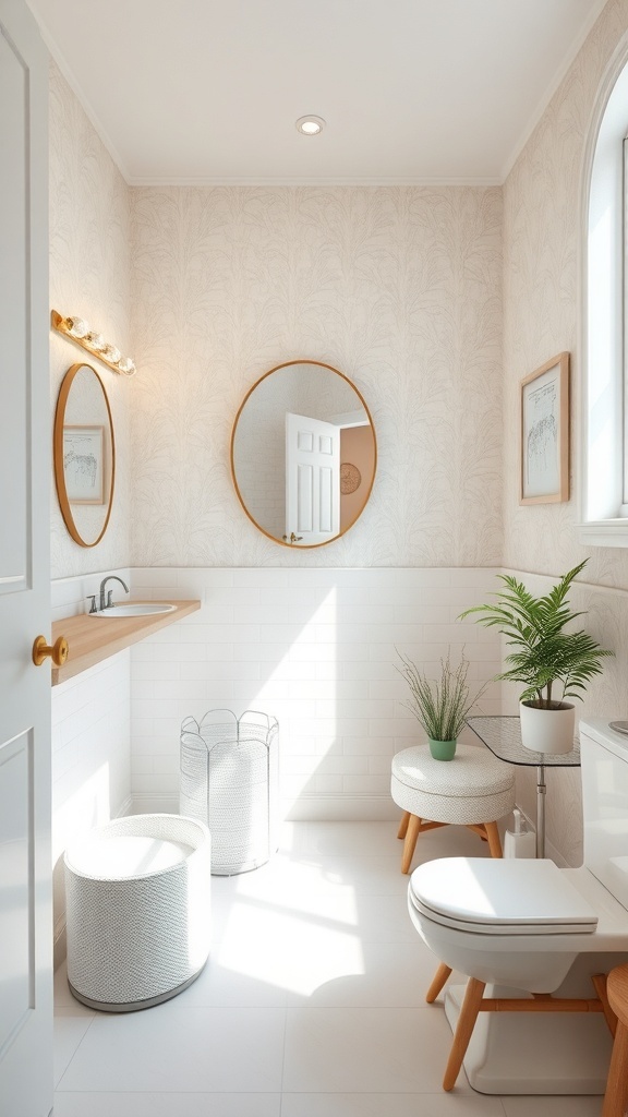 A small bathroom with light wallpaper, round mirror, and plants, creating an open and inviting space.