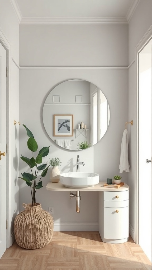 A modern bathroom featuring a round mirror, a sink, and a plant in a woven basket.