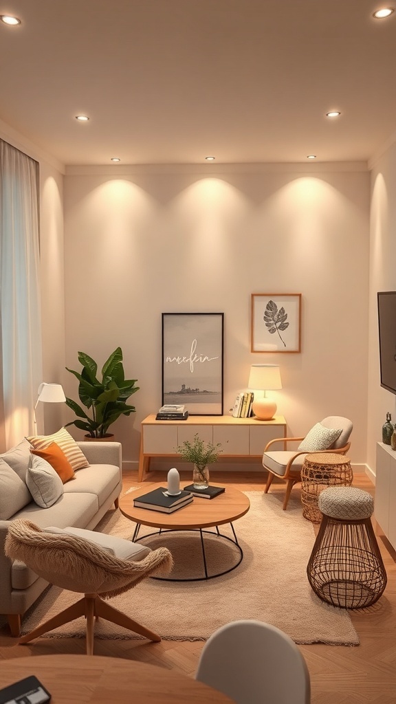 Salón iluminado con luces LED en el techo y lámpara de mesa, creando un ambiente acogedor.