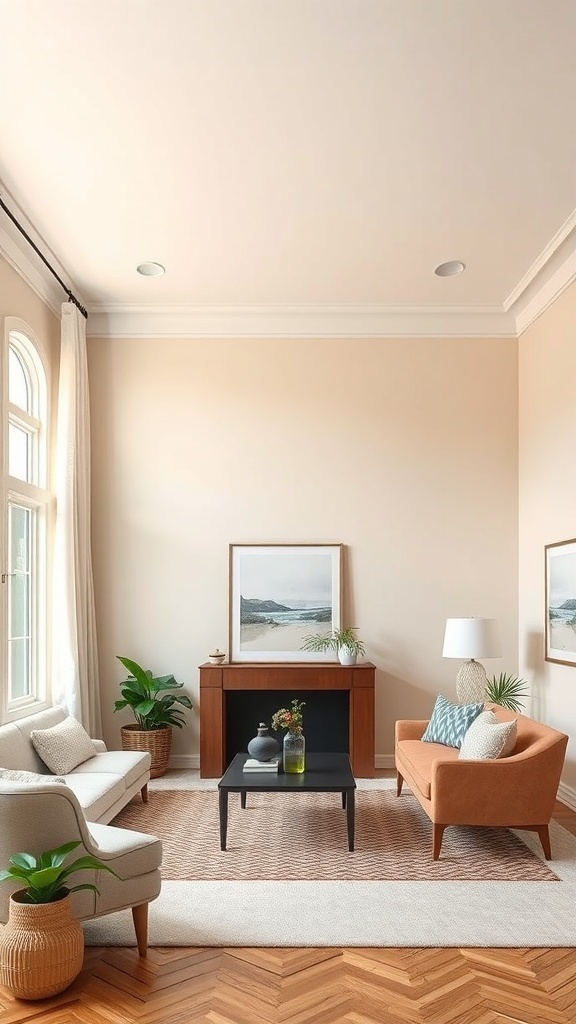 A cozy living room with a painted ceiling matching the wall color, showcasing a cohesive and open design.