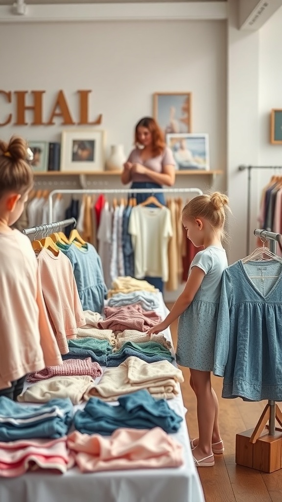 A clothing swap event with kids exploring organized clothes on tables