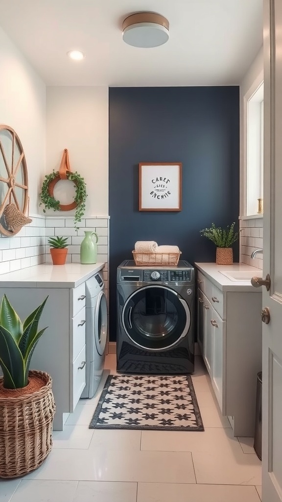 A small laundry room featuring a navy blue accent wall, light cabinetry, and decorative elements.