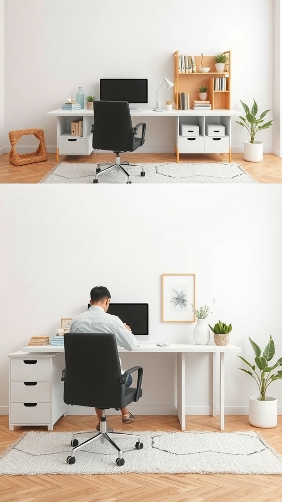 A clean and organized desk setup with a computer, chair, and plants.