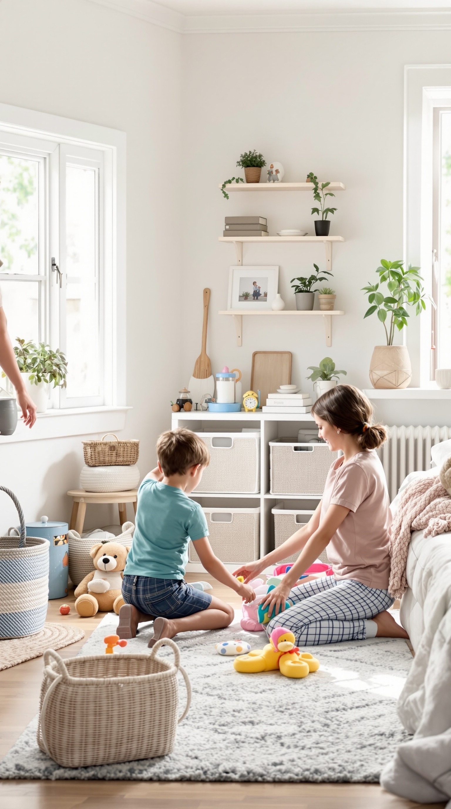 A mother and child organizing toys in a bright, cozy toy room.