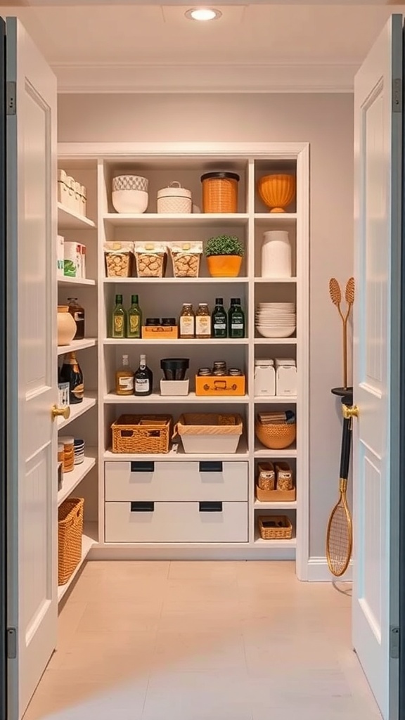 A well-organized pantry with neatly arranged shelves, clear containers, and labeled items.