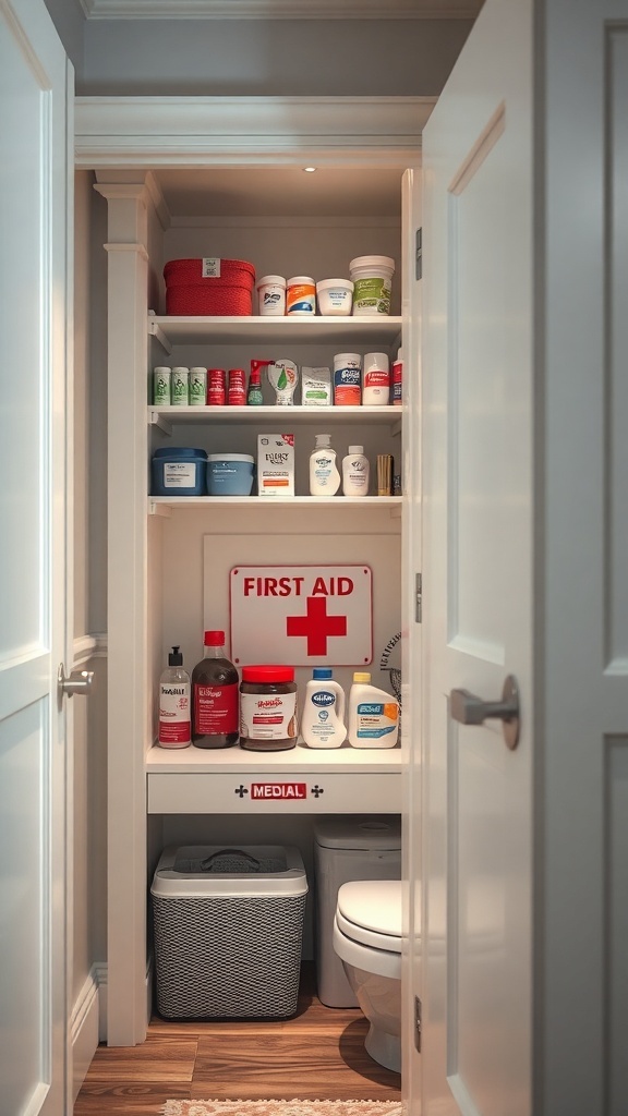 Organized bathroom closet with a dedicated first-aid section and medical supplies.