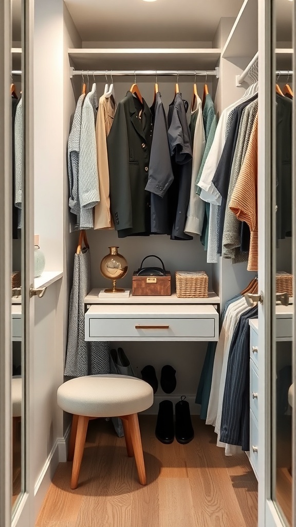 A small walk-in closet featuring a fold-down desk, organized clothing, and a stool.