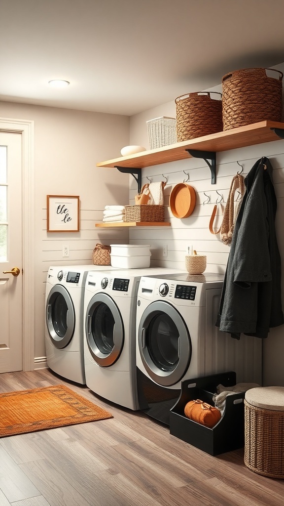 A modern laundry room with three washing machines, organized shelves, and a cozy rug.
