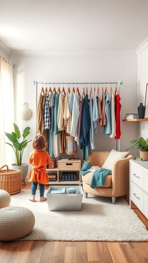 A child looking at a well-organized wardrobe with colorful clothes, illustrating the concept of kids' wardrobe organization.