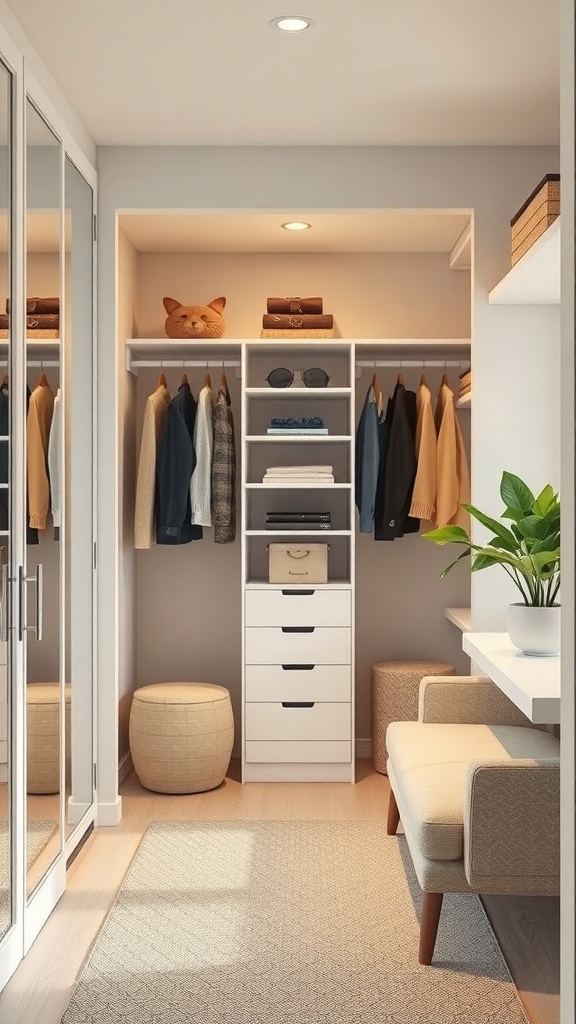 A small walk-in closet featuring organized shelves, a seating area, and a plant.