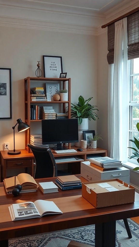 A well-organized desk with a computer, books, and plants, showcasing an effective system for managing papers.