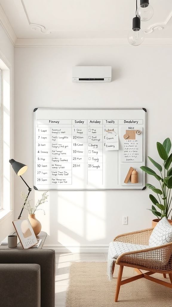 A well-organized task management board in a home office setting, featuring sections for daily tasks and a cozy workspace.