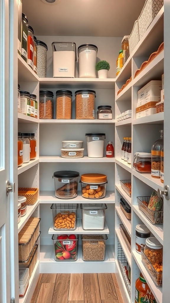 A well-organized narrow pantry with labeled containers and clear bins for meal prep.