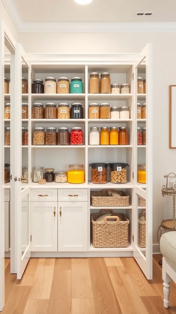 A well-organized pantry with color-coded jars and containers.
