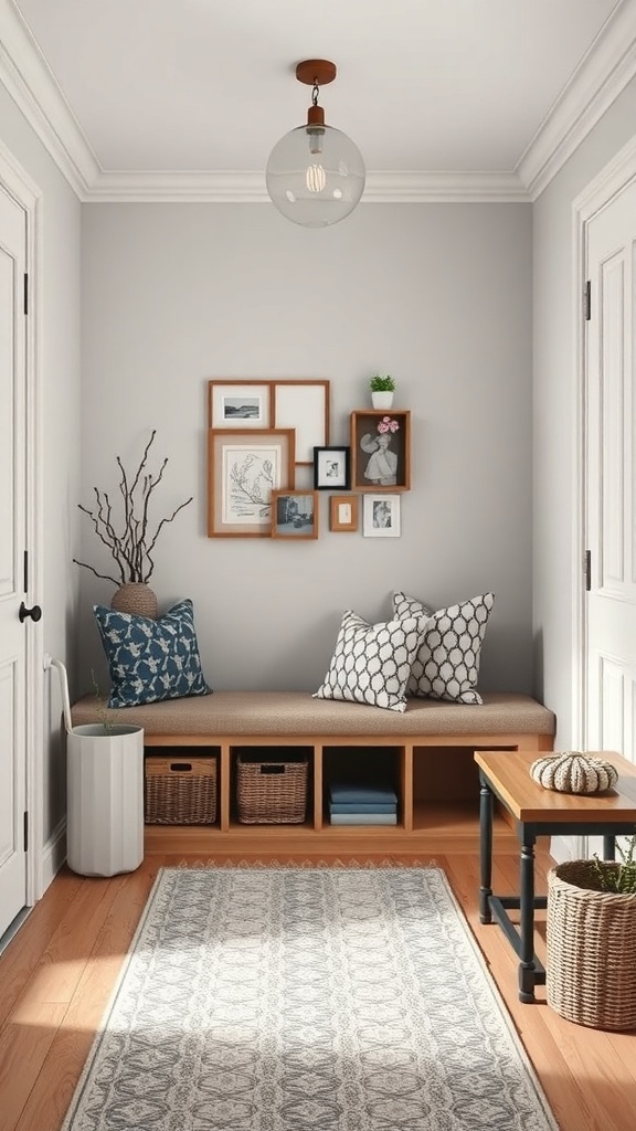 A small entryway featuring a bench with hidden storage, decorative pillows, and wall art.