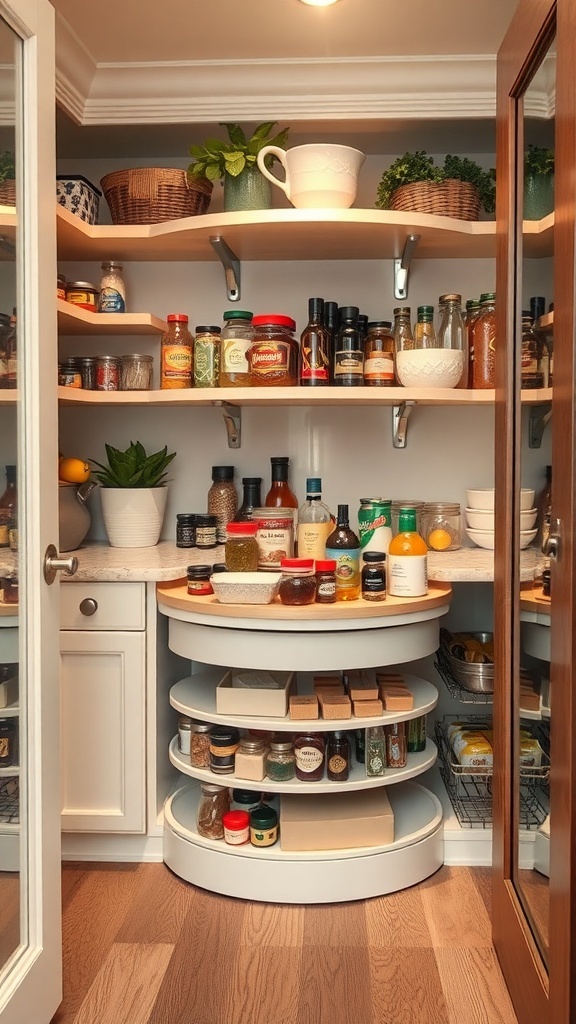 A well-organized pantry with Lazy Susans holding various jars and spices.