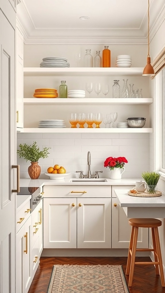 A bright butler's pantry with open shelving displaying plates and glassware, featuring a sink and a cozy seating area.