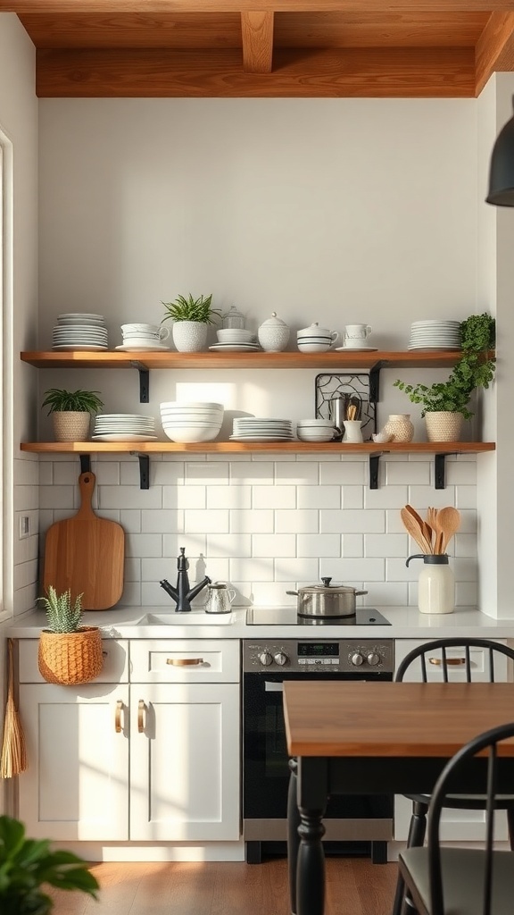 A cozy kitchen featuring open wooden shelves with white dishes and plants, showcasing a clean and organized space.
