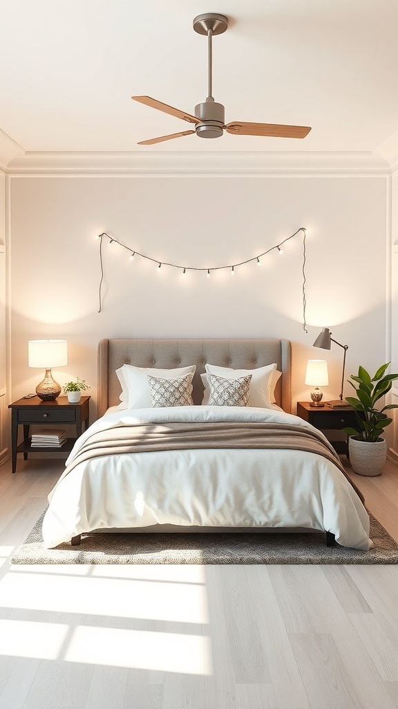 A cozy single bedroom featuring smart lighting solutions, including bedside lamps, string lights, and a ceiling fan.