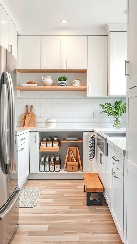 A small kitchen with smart storage solutions, featuring open shelving and functional cabinetry.