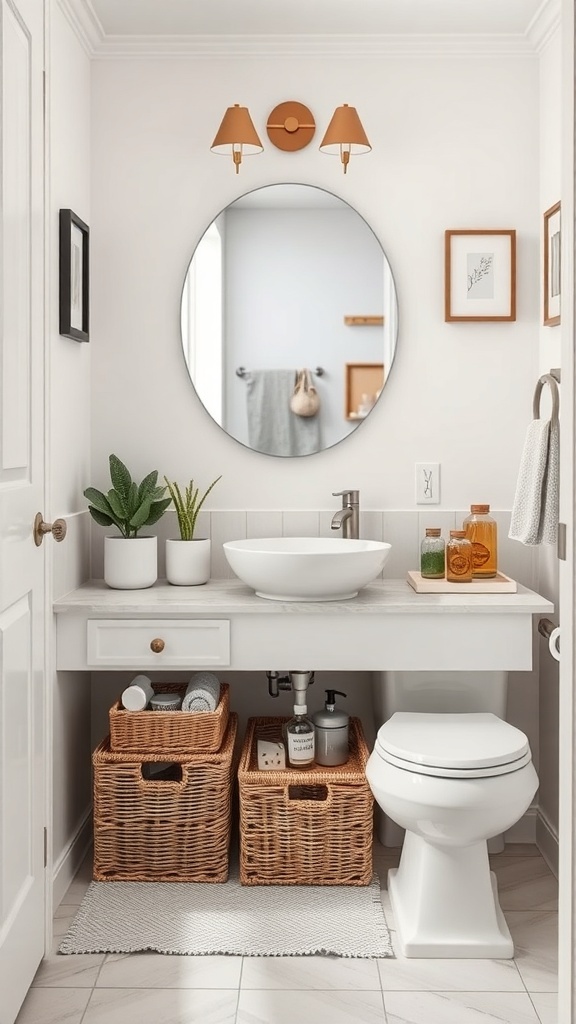 A small half bathroom featuring a modern sink with under-sink storage solutions, including woven baskets and plants.