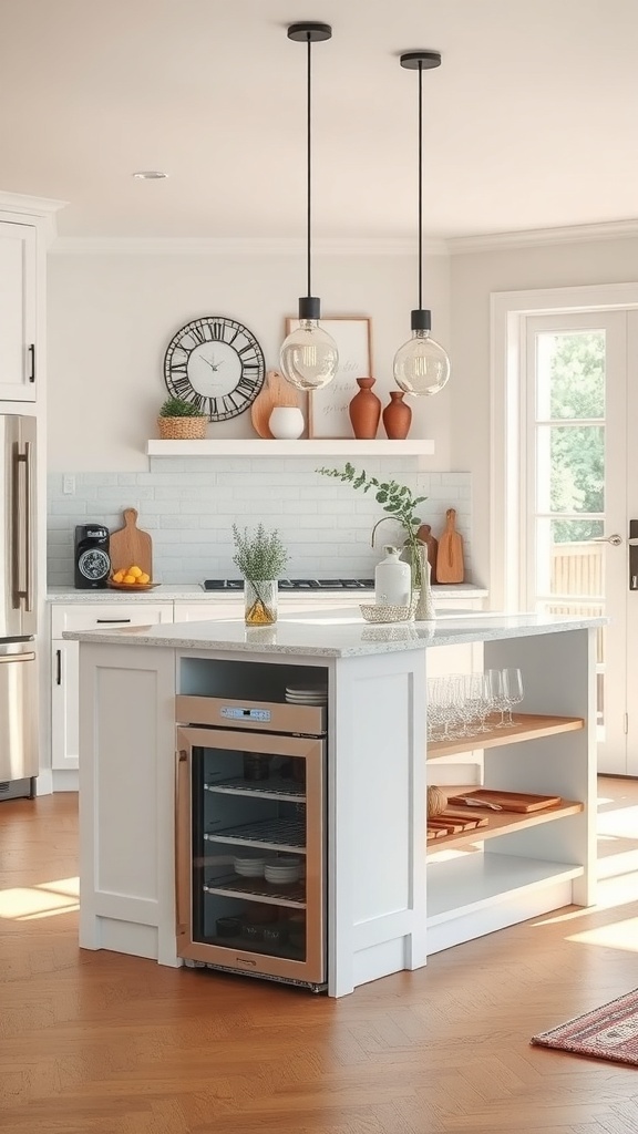 Stylish kitchen island with a beverage station featuring a wine cooler and decorative elements.