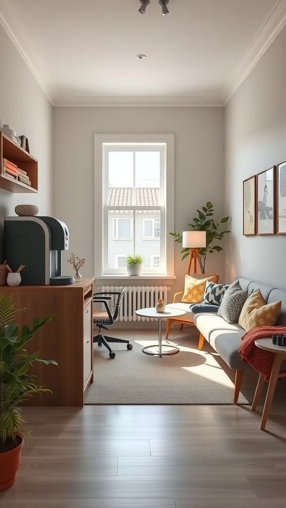 Cozy small office break area with a sofa, coffee table, and plants