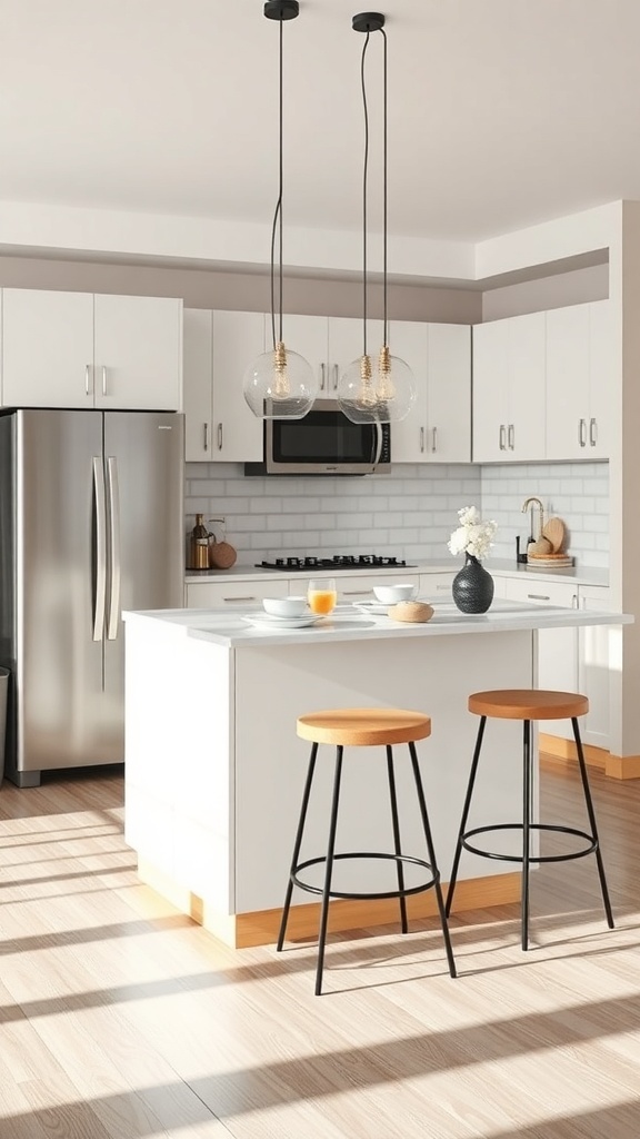 A modern kitchen featuring a small island with a breakfast bar and two stools.