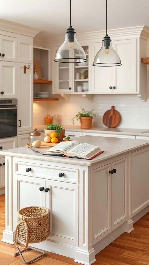 A cozy kitchen island featuring a built-in cookbook holder, with an open recipe book, fresh ingredients, and stylish decor.