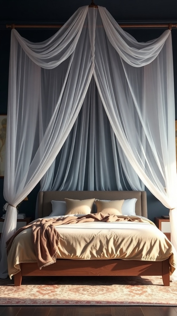 A cozy bedroom with a canopy draped over the bed, featuring dark walls and warm bedding.