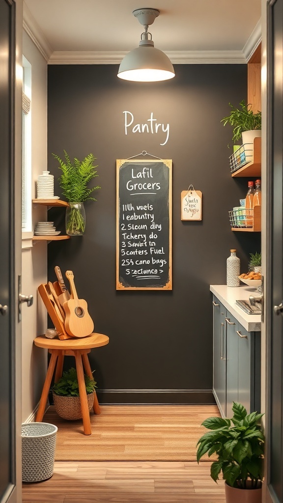 A small walk-in pantry featuring a chalkboard for lists, plants, and wooden decor.