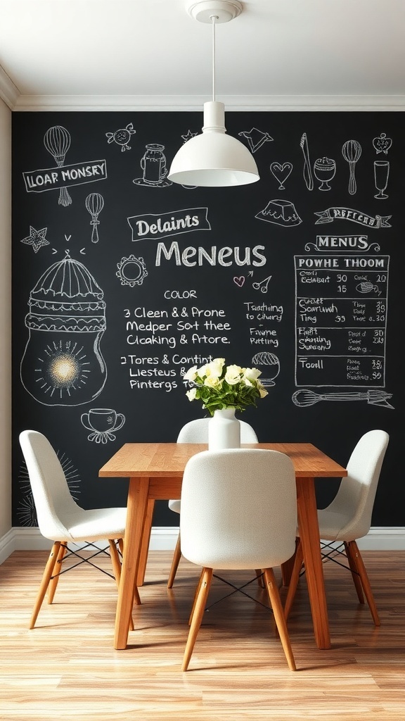 A small dining room featuring a chalkboard wall with illustrations and menus, a wooden table, and white chairs.