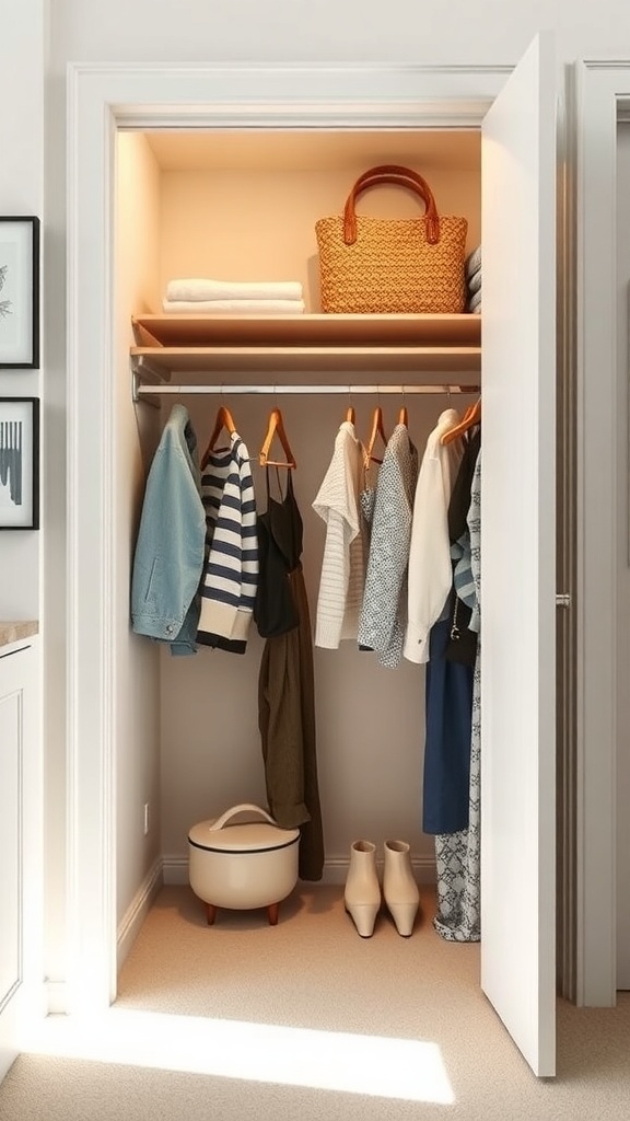 A small organized closet with a closet rod holding clothes and a shelf with folded towels and a basket.