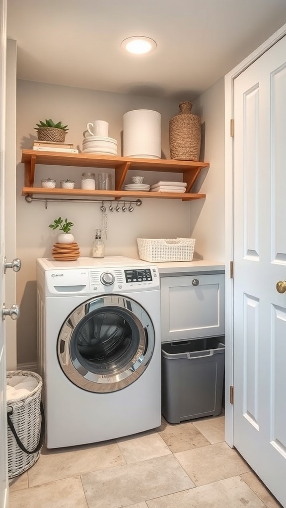 A modern basement laundry room featuring a washing machine, a clothes hamper drawer, and organized shelves.