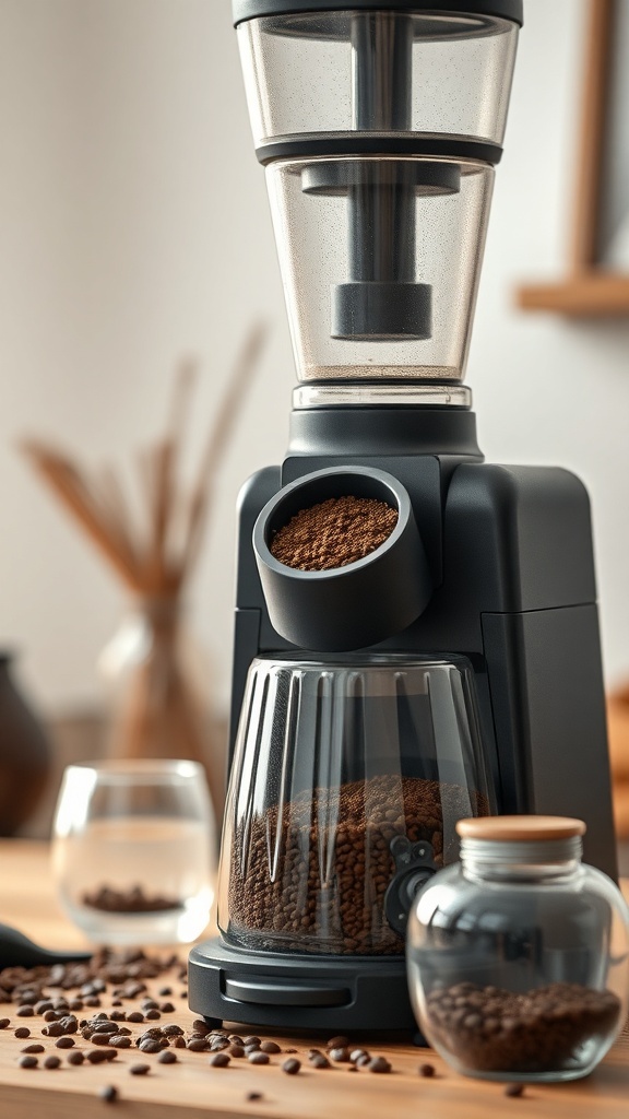 A modern coffee grinder with coffee grounds and beans on a kitchen counter