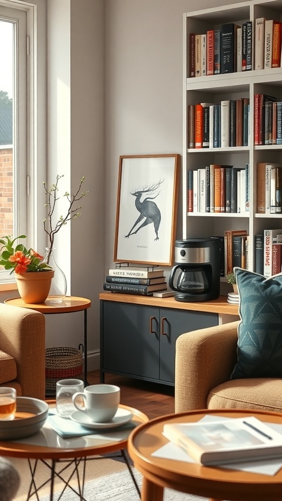 A cozy home library featuring a coffee maker, bookshelves, and comfortable seating.