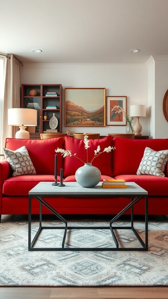 A living room featuring a red couch and a modern coffee table with a vase and candles.