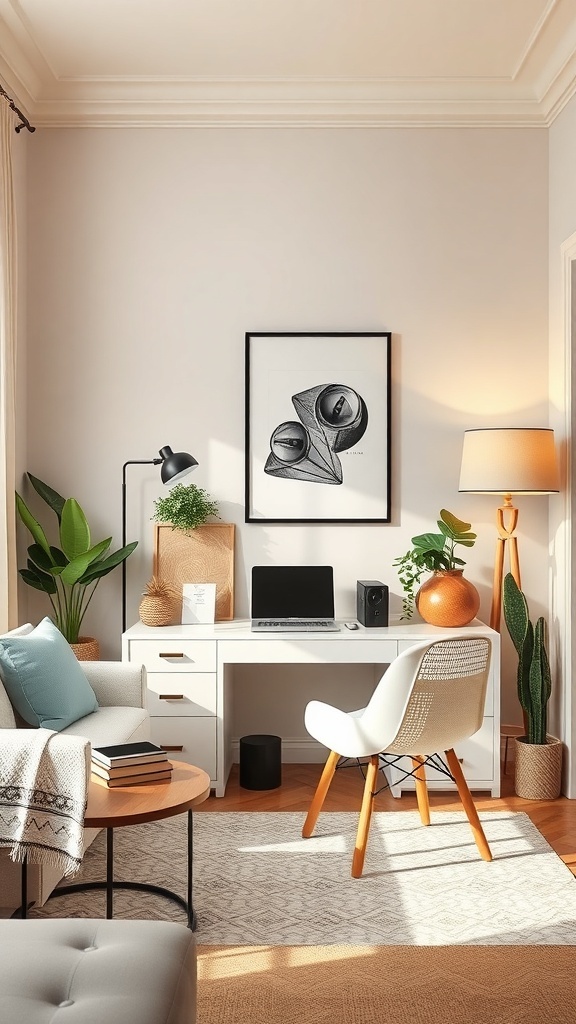 A small living room with a compact workspace featuring a desk, chair, plants, and decorative items.