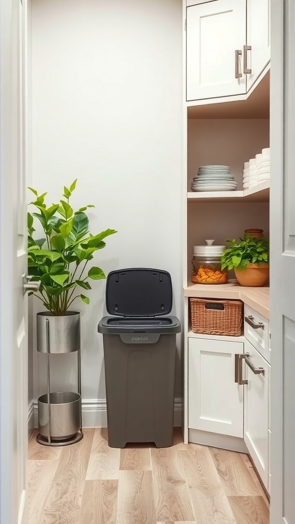 A small pantry featuring a compost bin, a plant, and organized shelves.