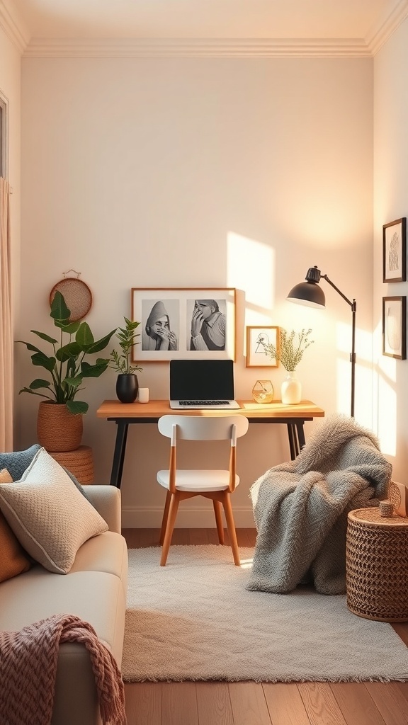 A cozy desk setup with a laptop, plants, and comfortable seating.