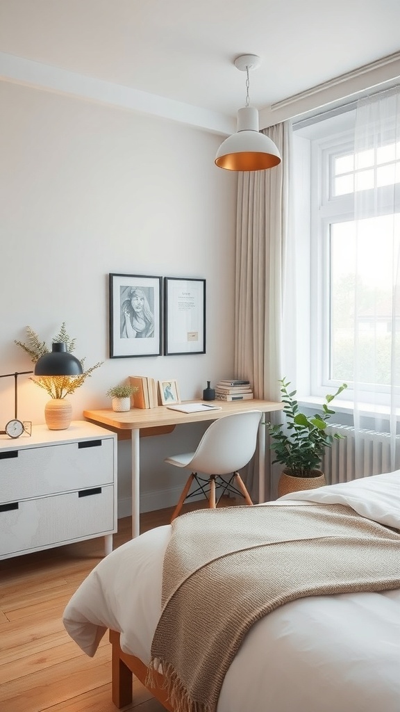 A small master bedroom featuring a desk area with a wooden desk, a chair, and decorative plants.