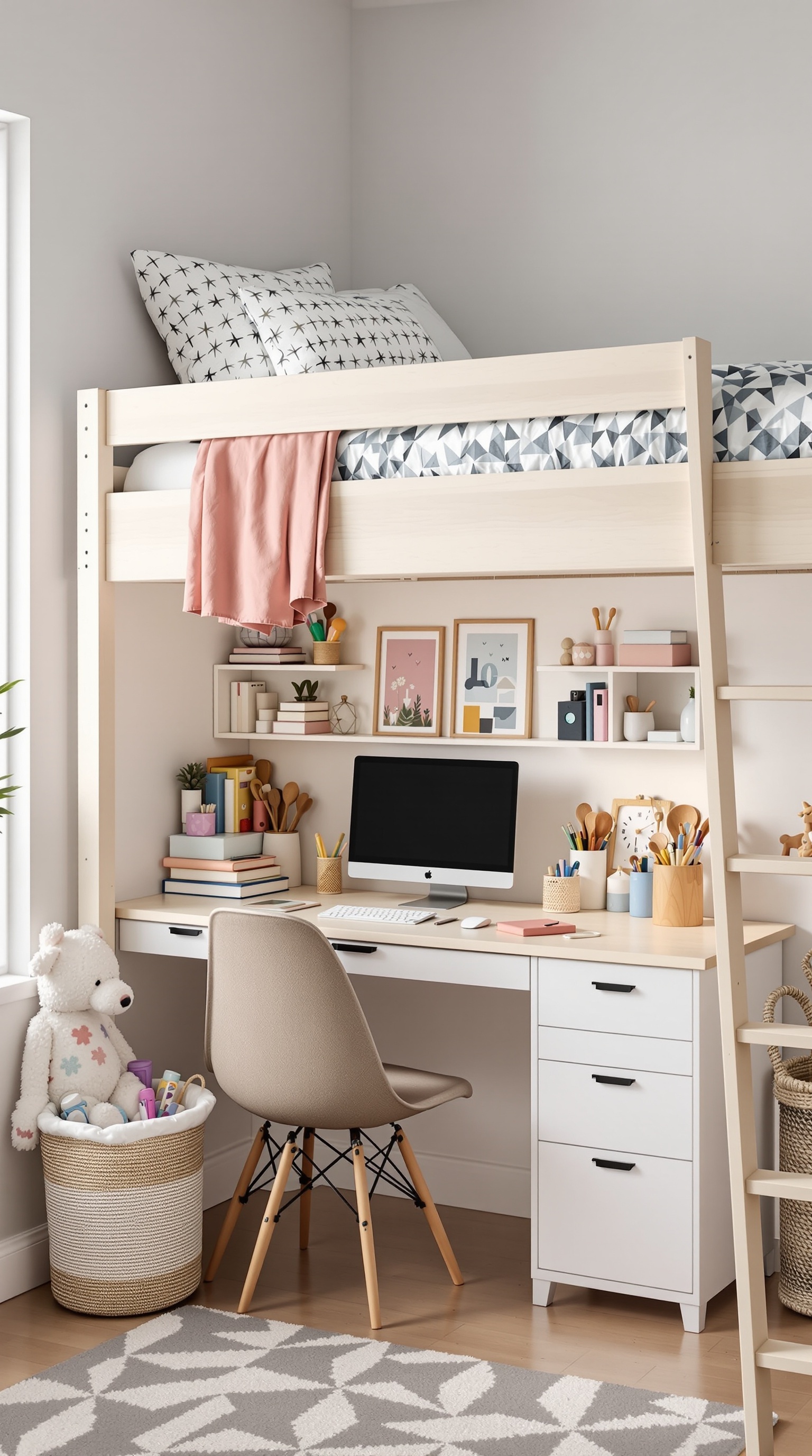 A stylish loft bed with a desk underneath, featuring organized shelves and a cozy workspace.