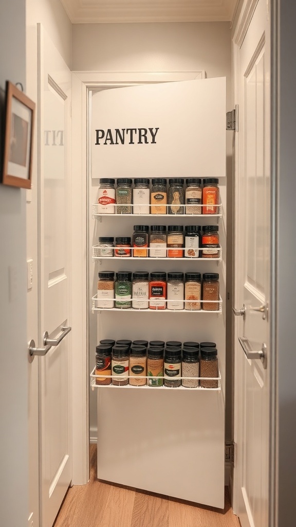 A door-mounted spice rack in a small walk-in pantry, featuring neatly organized spice jars.