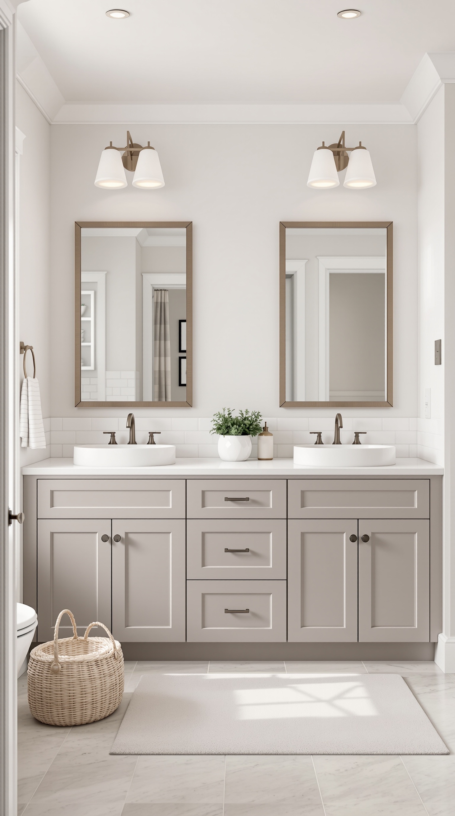 A modern family bathroom featuring a double vanity with two sinks, stylish mirrors, and organized storage.