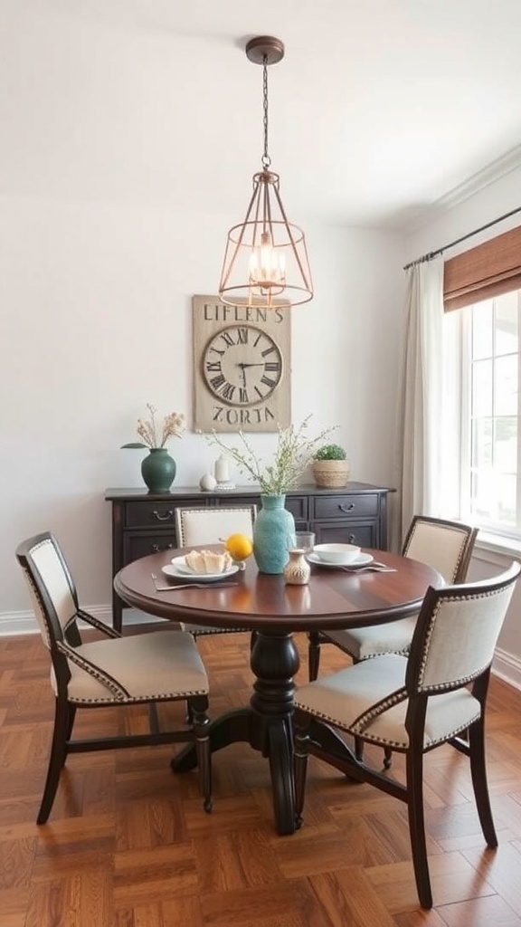 A cozy small dining room featuring a round drop leaf table with four chairs, a decorative vase, and a wall clock.